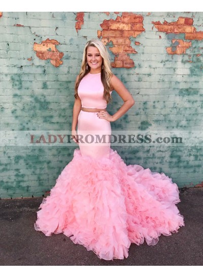 Sexy Mermaid Pink Two Pieces Elastic Satin Ruffles Pleated Long Prom Dresses 2023