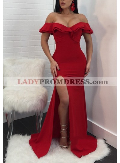 Sexy Red Mermaid Side Slit Off Shoulder Sweetheart Prom Dresses