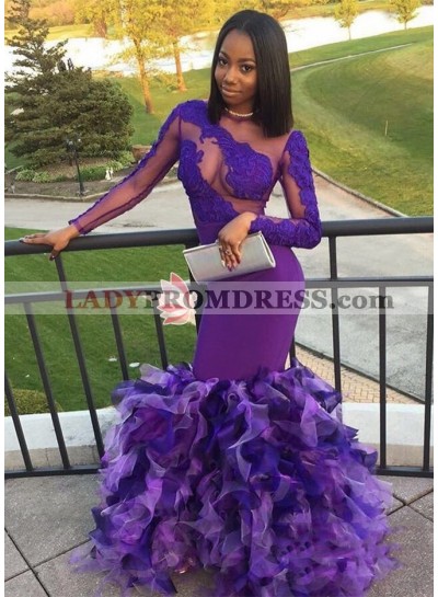 Long Sleeves Purple Mermaid Ruffles Pleated See Through African Prom Dresses
