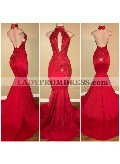 Sexy Mermaid Red High Neck Backless African Open Front Long Prom Dresses