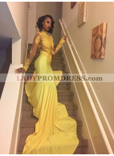 Amazing Yellow Long Sleeves Mermaid African High Neck Long Prom Dresses