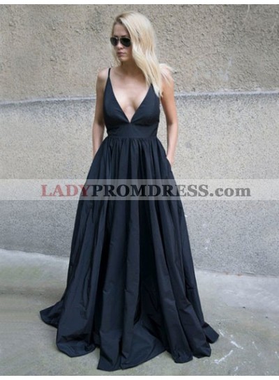 Simple A Line Deep V Neck Black Satin Prom Dresses