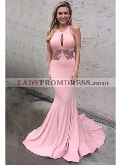 Sexy Mermaid Blushing Pink Backless Criss Cross Key Hole Long Prom Dresses With Embroidery