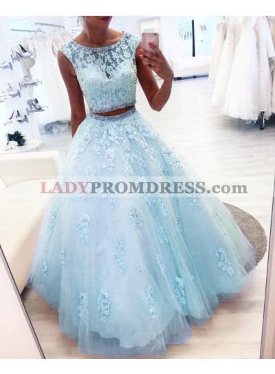 New Arrival Blue Two Pieces Tulle Beaded Ball Gown Prom Dresses