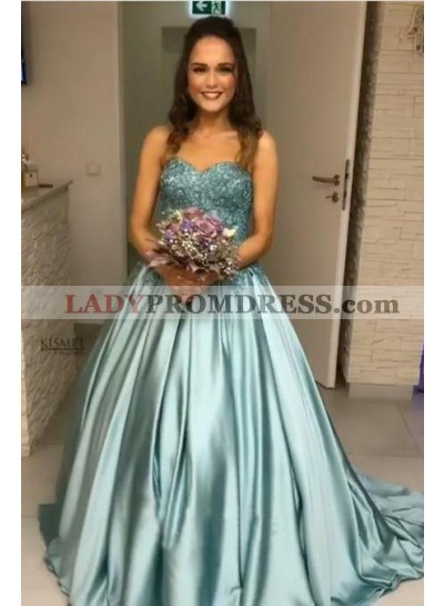 New Arrival Elastic Satin Sweetheart Ball Gown Turquoise Strapless Long Prom Dresses