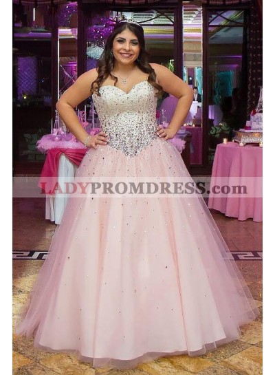 Cheap Ball Gown Sweetheart Tulle Pink Lace Up Back Plus Size Prom Dresses