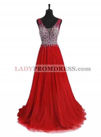 Red A Line Tulle Back V Neck Beaded Prom Dresses