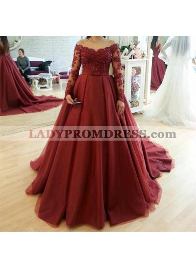 Off Shoulder Burgundy Long Sleeves Bowknot Tulle Ball Gown Prom Dresses