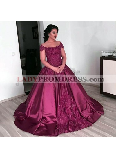 Burgundy Off Shoulder Satin Ball Gown Prom Dresses