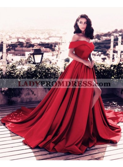 Elegant A Line Satin Side Slit Off Shoulder Red Satin Long Off Shoulder Prom Dresses