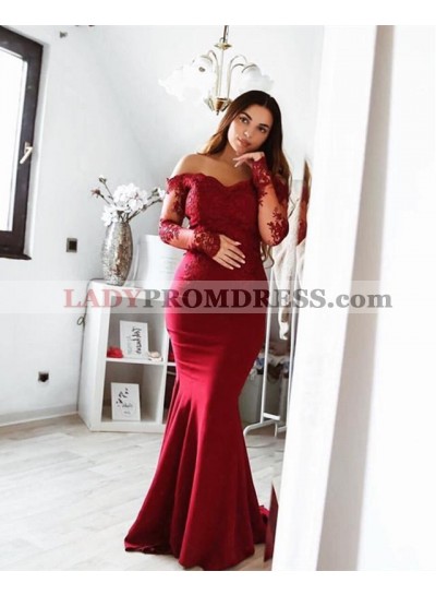 Sexy Mermaid Burgundy Off Shoulder Long Sleeves Prom Dresses