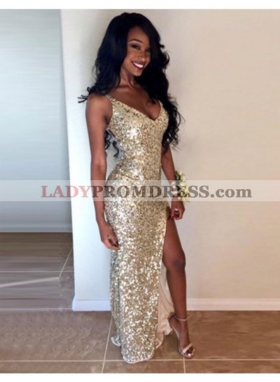 Sexy Champagne Sequence Side Slit V Neck Sheath Black Women's Prom Dresses