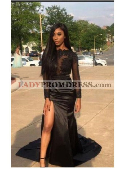 Alluring Sheath Black Side Slit Long Sleeves Elastic Satin See Through Lace Prom Dresses