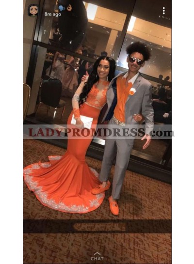 Orange Mermaid See Through Long Sleeves With Appliques Black Women's Prom Dresses