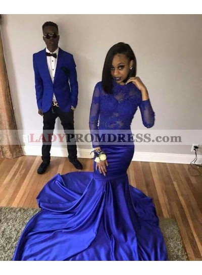 Sexy Mermaid Royal Blue Elastic Satin Long Sleeves See Through Black Women's Prom Dresses