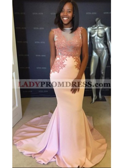 Elegant Mermaid Satin Blushing Pink Sleeveless Prom Dresses With Appliques For African American