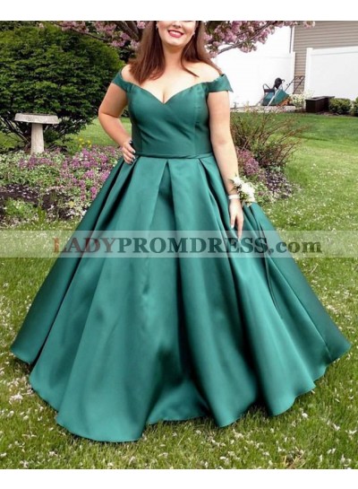 Cheap Satin Teal Off Shoulder Plus Size Ball Gown Sweetheart Prom Dresses