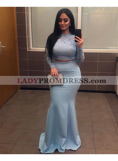 Sexy Satin Two Pieces Light Sky Blue Mermaid Long Sleeves Long Lace Prom Dresses