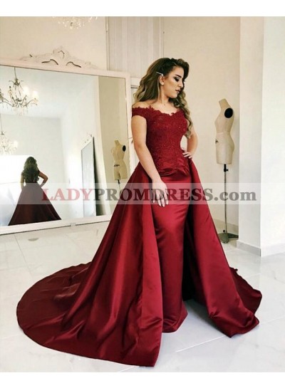 Elegant Sheath Satin Burgundy Long Train Off Shoulder Prom Dresses