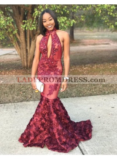 Sexy Red African American Red Mermaid Key Hole Rose Backless Black Women's Long Prom Dresses