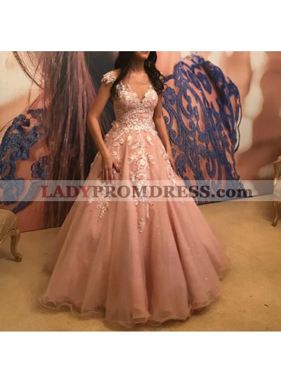 Elegant Dusty Rose Tulle Sweetheart Capped Sleeves Ball Gown Prom Dresses With Appliques