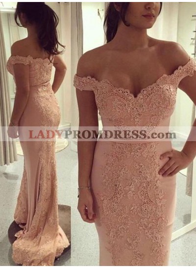 Sexy Off Shoulder Pink Sweetheart lace Sheath Long Prom Dresses 2022 