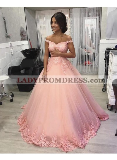 Pink Off Shoulder Sweetheart Tulle Ball Gown Prom Dresses With Applique
