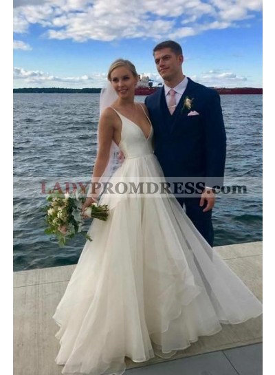 2023 New Arrival A Line Organza Deep V Neck Ivory Long Beach Wedding Dresses