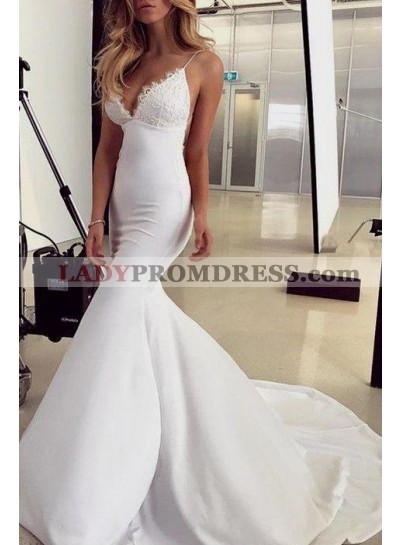 Sexy Mermaid Sweetheart Elastic Satin Backless Long Train Lace Wedding Dresses