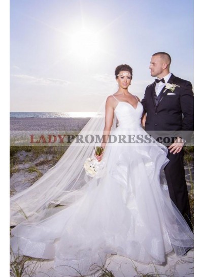 2023 A Line Organza Sweetheart Spaghetti Straps Layered White Wedding Dresses