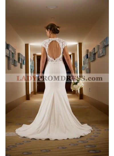 2023 Classic Sheath Elastic Satin Backless Lace Capped Sleeves Wedding Dresses
