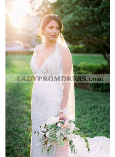 Amazing V Neck Sheath Backless Lace Wedding Dresses 2023