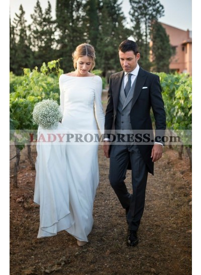 2023 Simple Sheath Crew Neck Long Sleeves White Long Backless Wedding Dresses