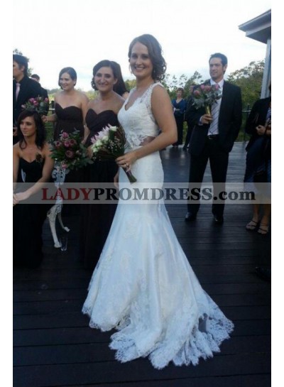Cheap Mermaid V Neck Lace Wedding Dresses With Short Train 