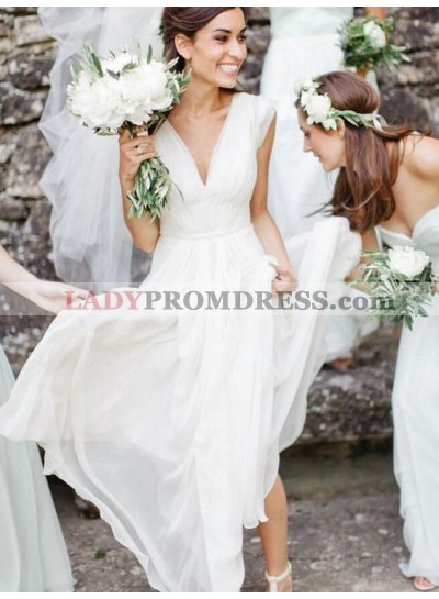 2023 Cheap V Neck A Line Chiffon Ivory Pleated Wedding Dresses