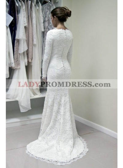 2022 New Arrival Long Sleeves Lace Sheath Back Zipper Buttons Crew Neck Wedding Dresses