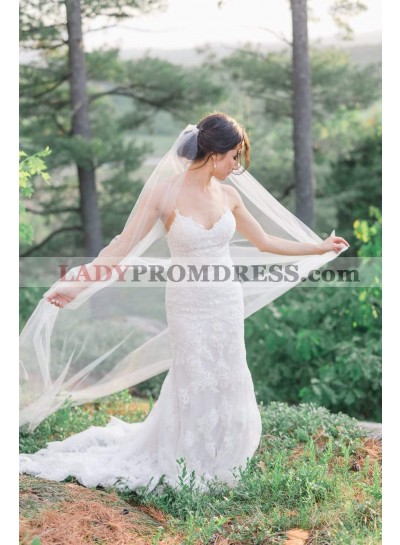 Charming Sheath Sweetheart Spaghetti Straps Lace Long Backless Wedding Dresses 2023
