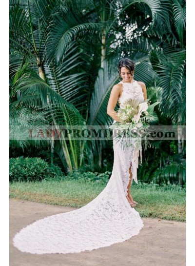 Charming Sheath Side Slit High Low Backless Lace Wedding Dresses 2023