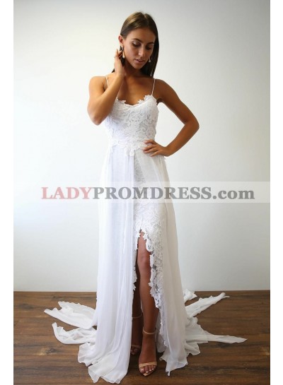 Cheap A Line Chiffon High Low Lace Spaghetti Straps Beach Wedding Dresses
