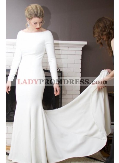 2023 Amazing Sheath Satin Ivory Crew Neck Long Sleeves Beaded Long Wedding Dresses