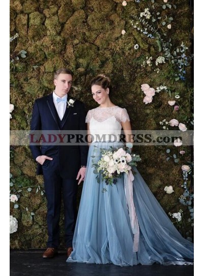 2023 New Arrival A Line Tulle White With Blue Capped Sleeves Lace Wedding Dresses