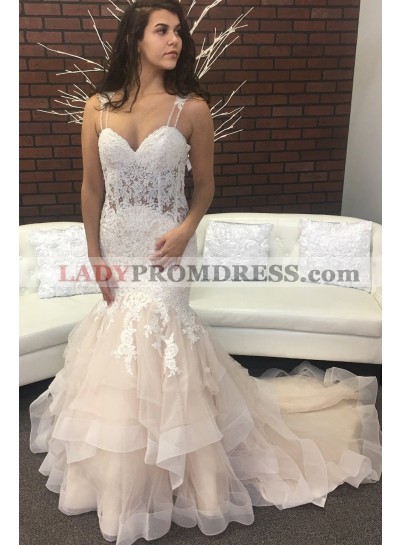 Sexy Mermaid Tulle Sweetheart Lace Layered Champagne Wedding Dresses 2023