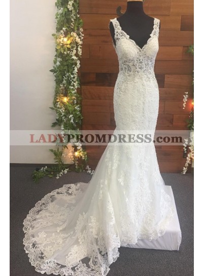2023 Mermaid Lace V Neck Backless Long Ivory Wedding Dresses