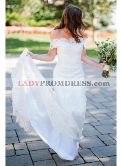 2023 Elegant Off Shoulder Long Train Ivory Lace Sheath Wedding Dresses