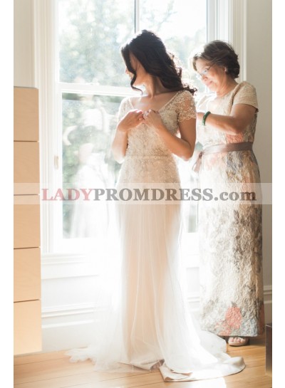 Charming V Neck Sheath Ivory Capped Sleeves Beaded Tulle Wedding Dresses 2023
