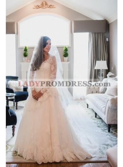 2023 Elegant A Line V Neck Lace Backless Long Sleeves Wedding Dresses