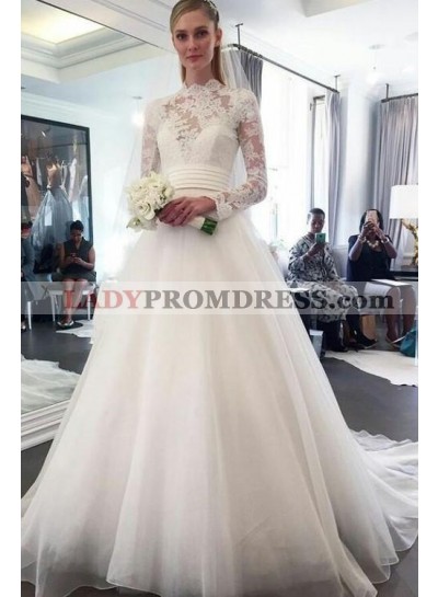 Elegant A Line Organza Long Sleeves High Neck Lace Wedding Dresses 2023