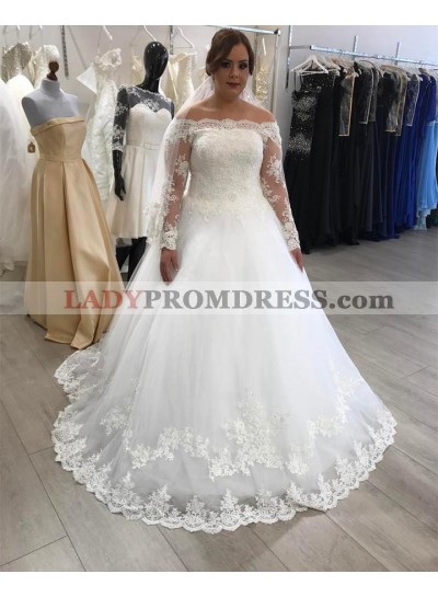 2022 White A Line Off Shoulder Lace Long Sleeves Plus Size Wedding Dresses