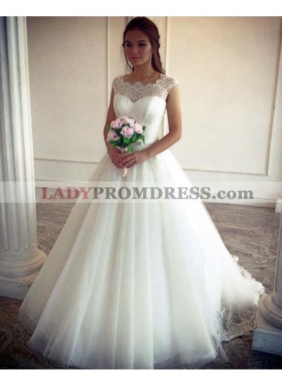 2022 Elegant A Line Tulle Ivory Sweetheart Lace Capped Sleeves Wedding Dresses