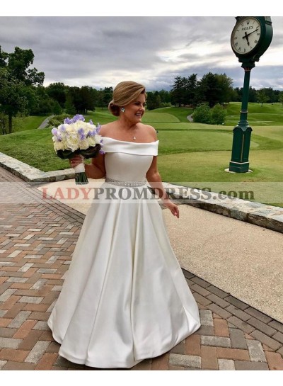 2023 Cheap A Line Satin Off Shoulder A Line Beaded Plus Size Wedding Dresses